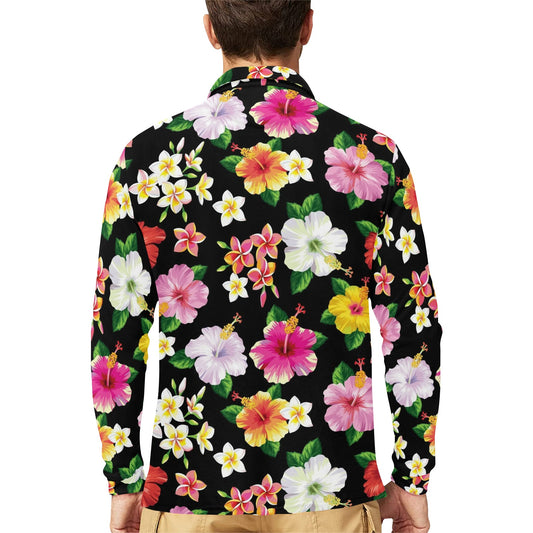Hibiscus Pattern Print Design HB025 Long Sleeve Polo Shirt For Men's