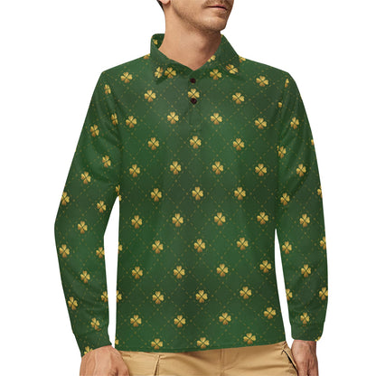 Clover Pattern Print Design 01 Long Sleeve Polo Shirt For Men's