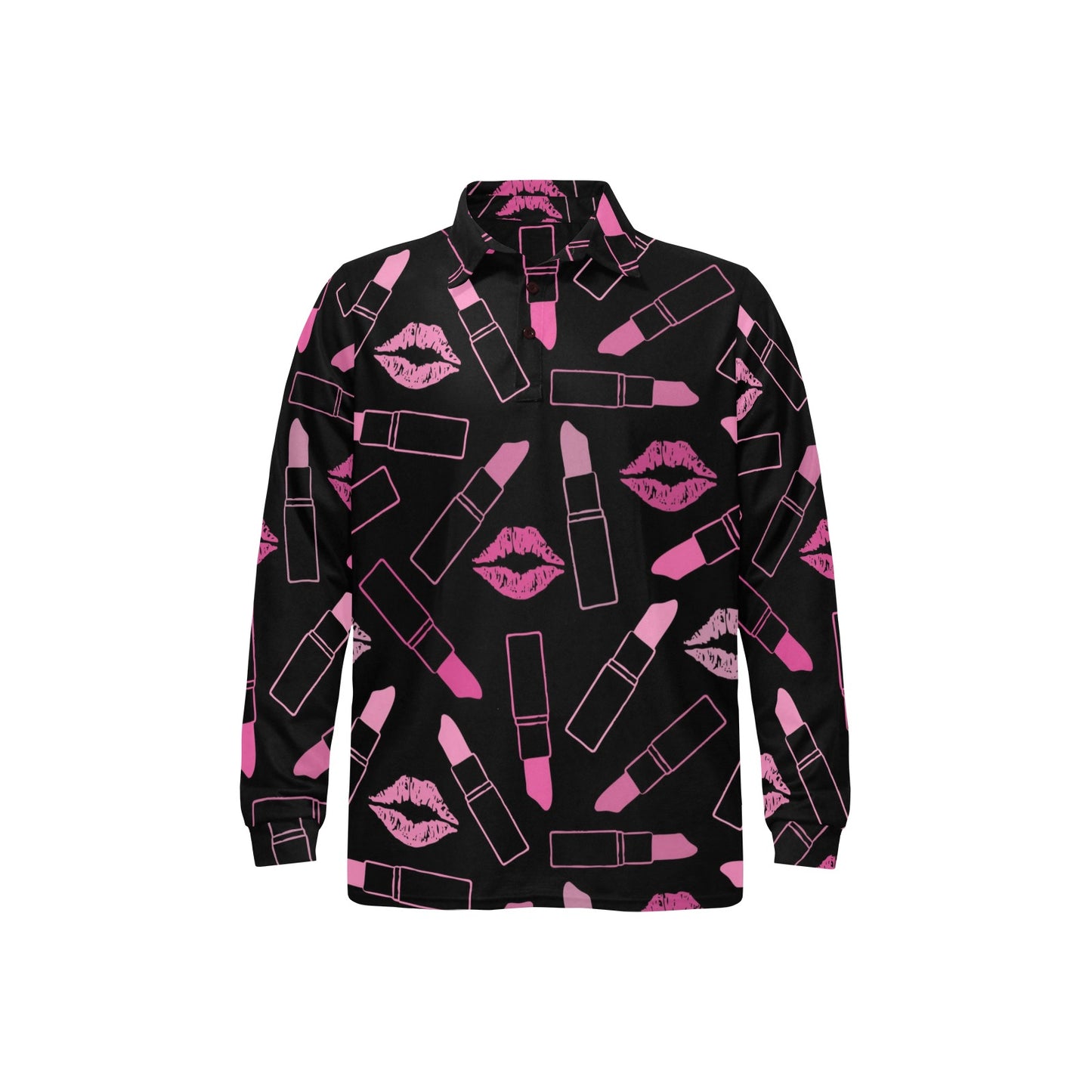 Lipstick Pink Pattern Print Design 01 Long Sleeve Polo Shirt For Men's