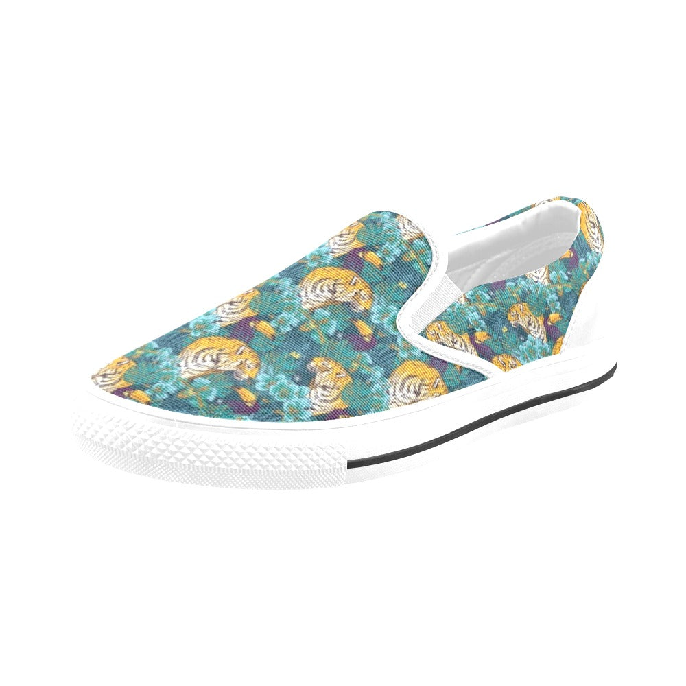 Tiger Tropical Print Design LKS301 White Slip Ons Canvas Women's Shoes