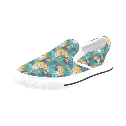 Tiger Tropical Print Design LKS301 White Slip Ons Canvas Women's Shoes