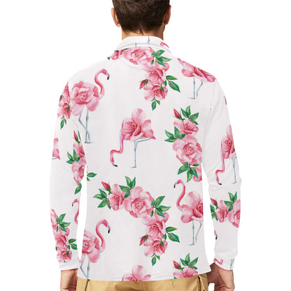 Flamingo Rose Pattern Long Sleeve Polo Shirt For Men's