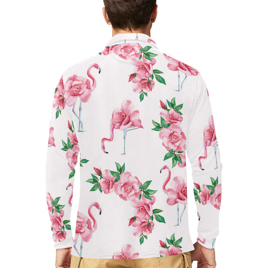Flamingo Rose Pattern Long Sleeve Polo Shirt For Men's