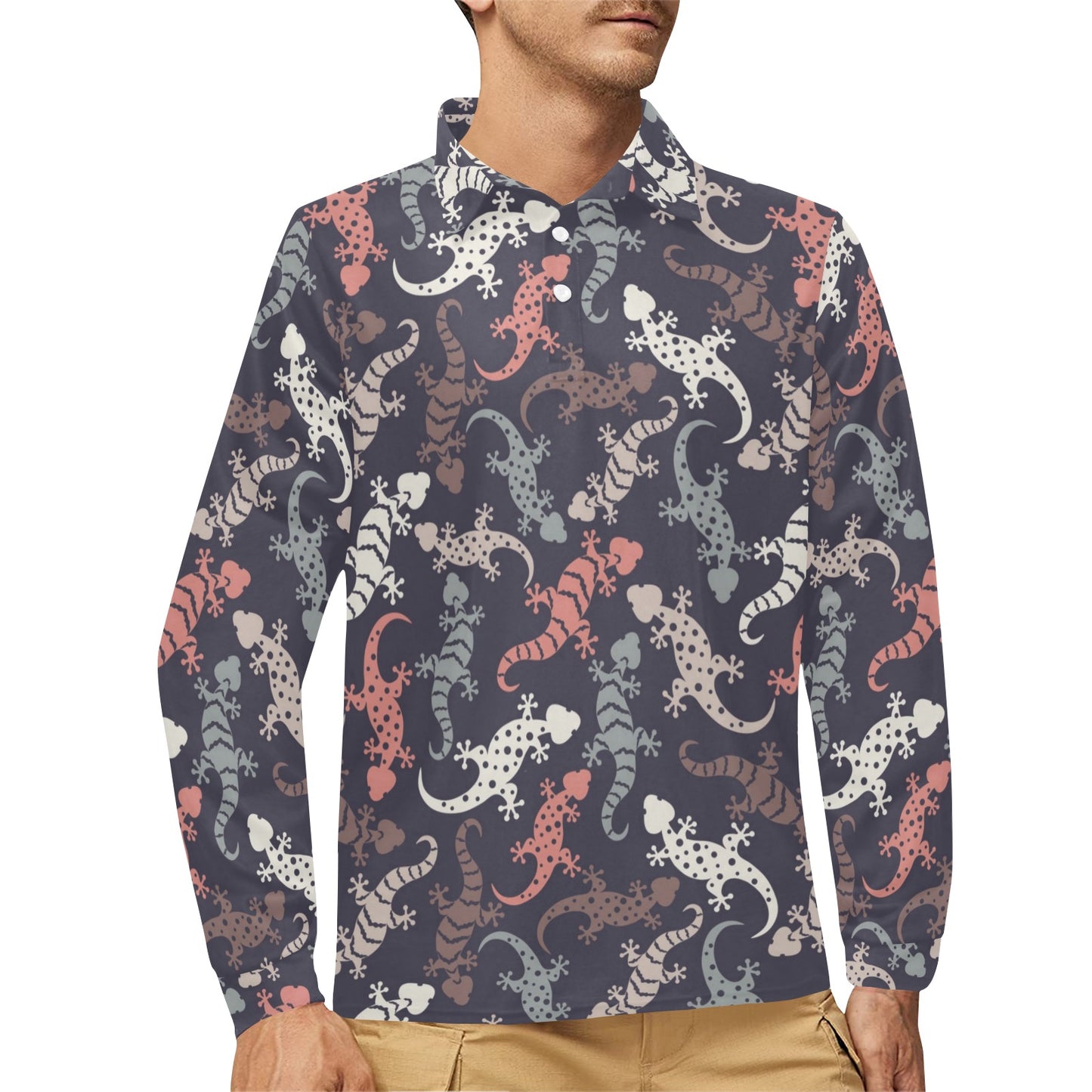 Gecko Pattern Print Design 02 Long Sleeve Polo Shirt For Men's