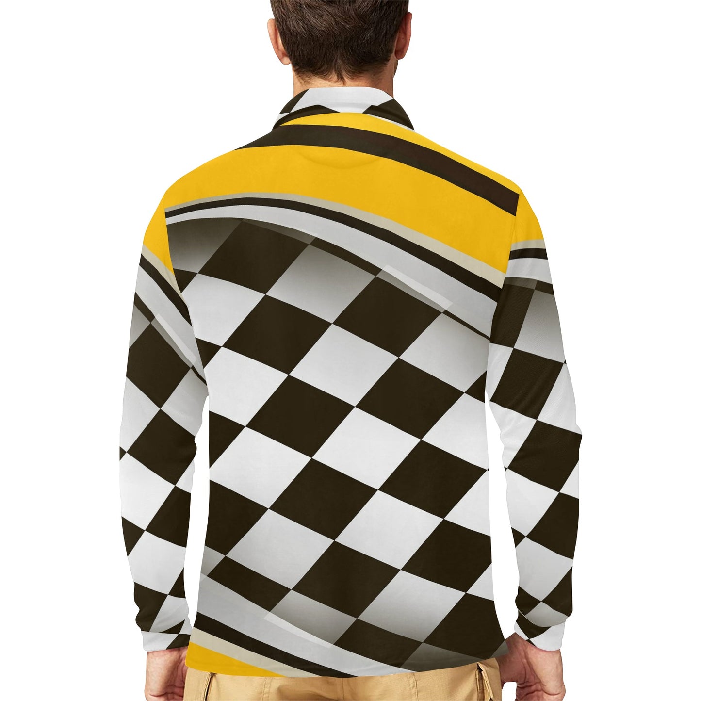 Checkered Flag Racing Style Long Sleeve Polo Shirt For Men's