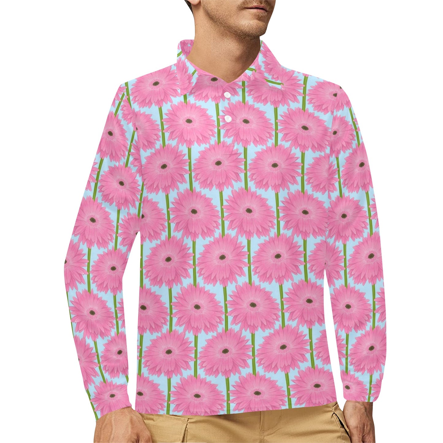 Gerberas Pattern Print Design GB01 Long Sleeve Polo Shirt For Men's