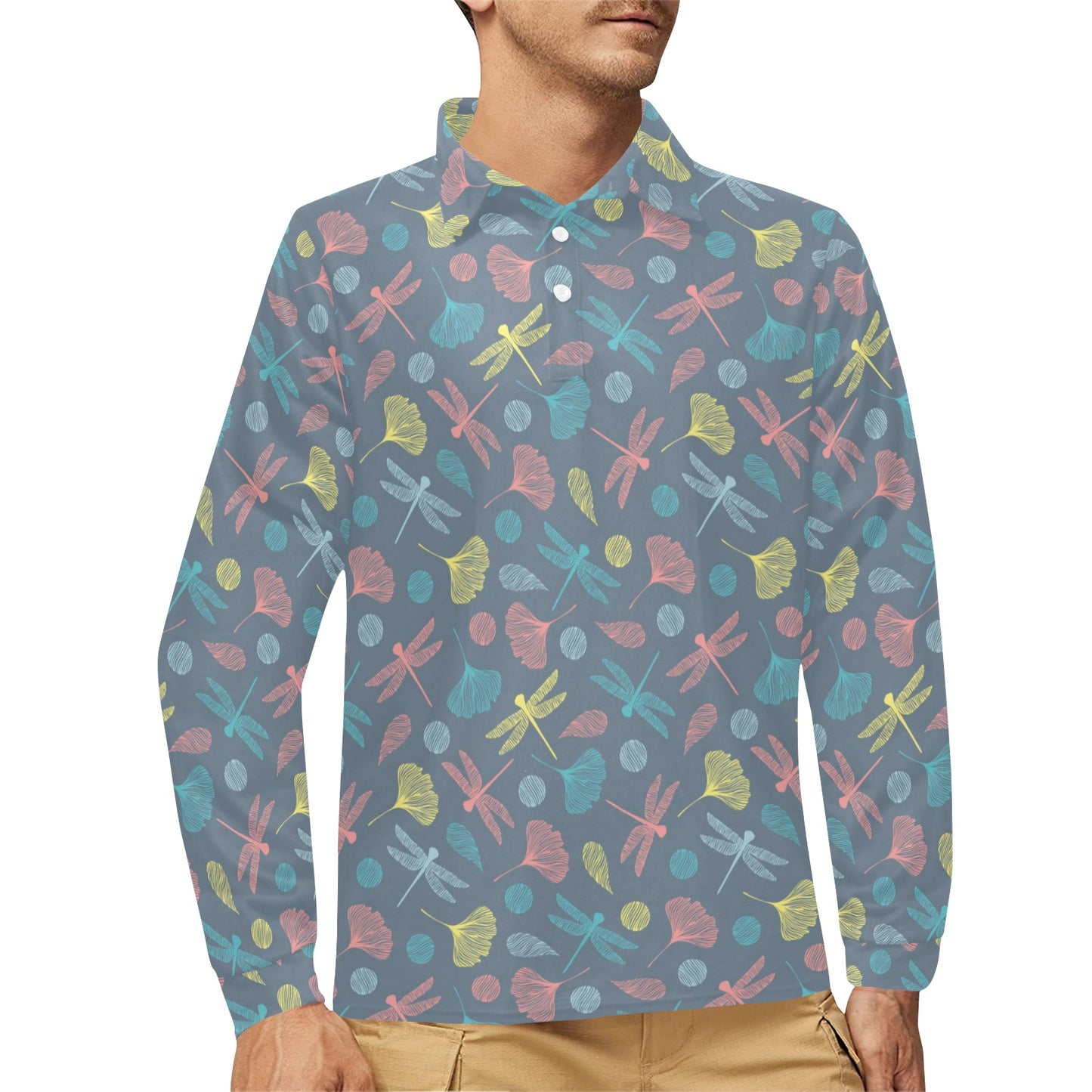 Dragonfly Print Design LKS403 Long Sleeve Polo Shirt For Men's