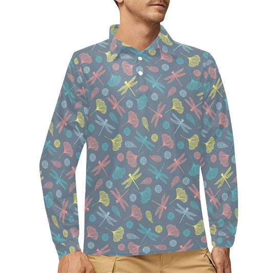 Dragonfly Print Design LKS403 Long Sleeve Polo Shirt For Men's