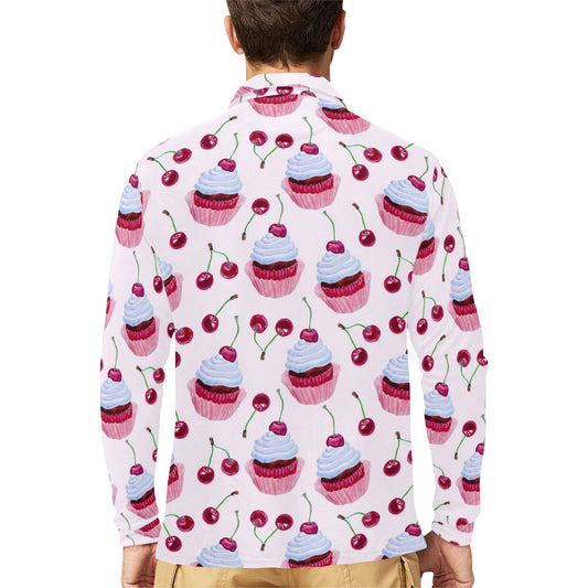 Cherry Cupcake Pink Pattern Long Sleeve Polo Shirt For Men's