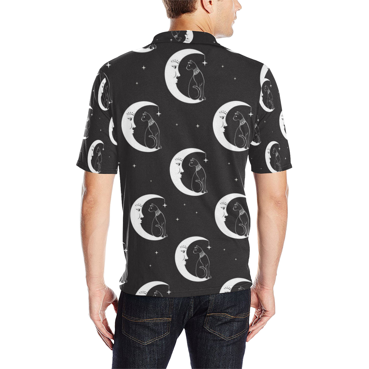 Moon with Cat Pattern Print Design 04 Men Polo Shirt