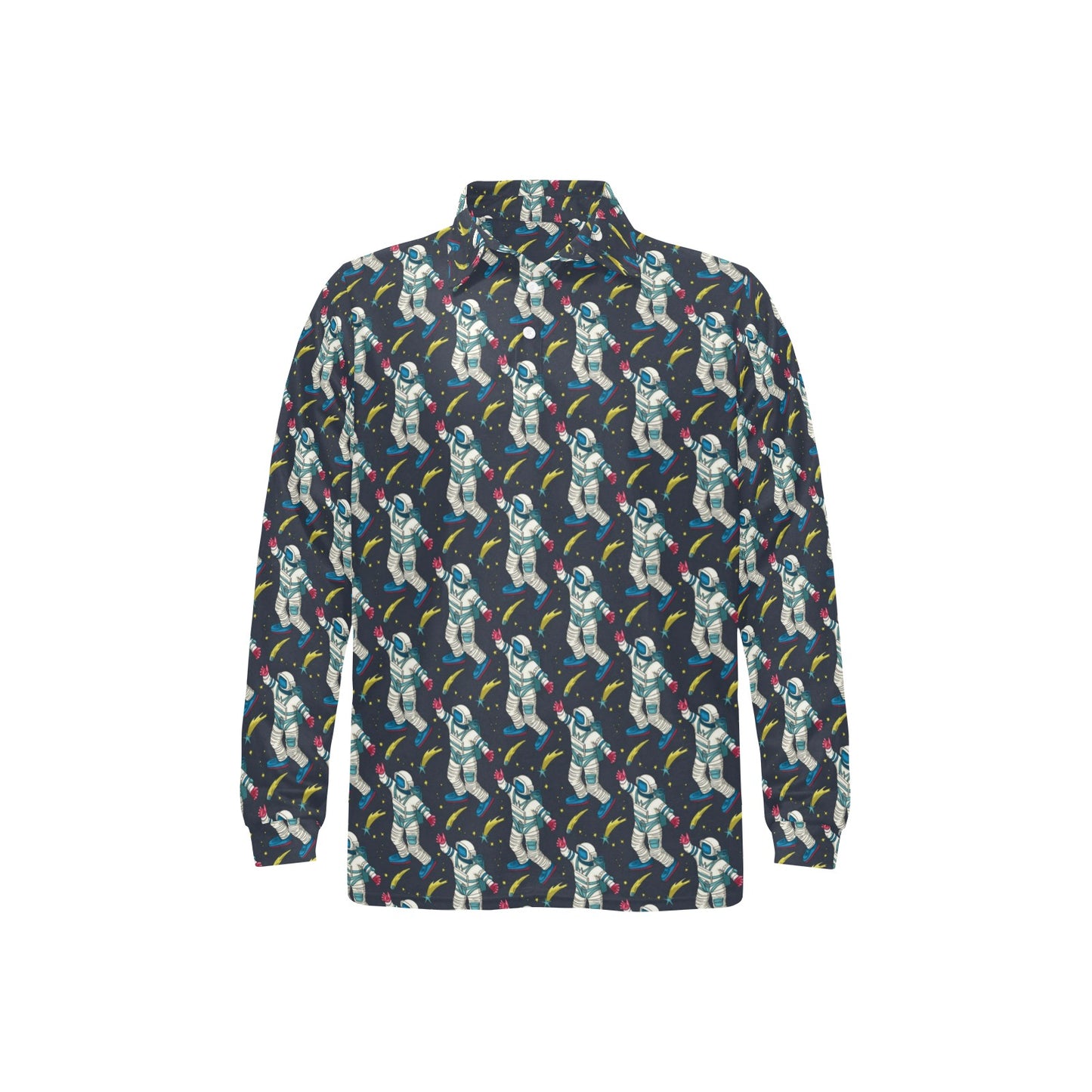 Astronaut Pattern Print Design 04 Long Sleeve Polo Shirt For Men's