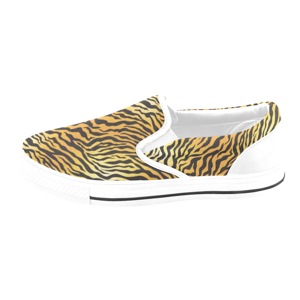 Tiger Print Design LKS302 White Slip Ons Canvas Women's Shoes
