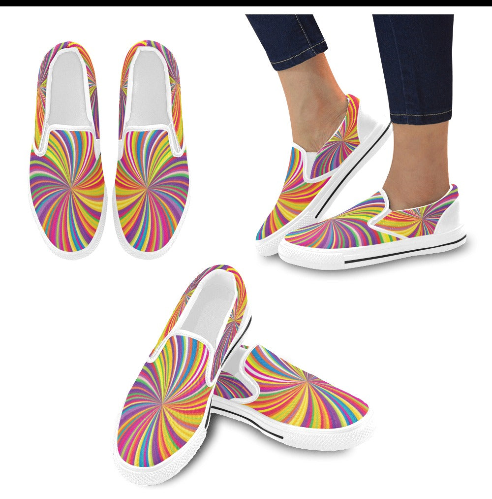 Vortex Print Design LKS301 White Slip Ons Canvas Women's Shoes