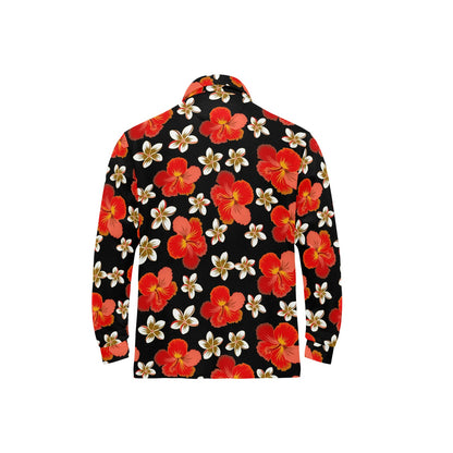 Red Hibiscus Pattern Print Design HB022 Long Sleeve Polo Shirt For Men's