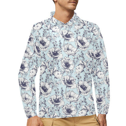Anemone Pattern Print Design 02 Long Sleeve Polo Shirt For Men's