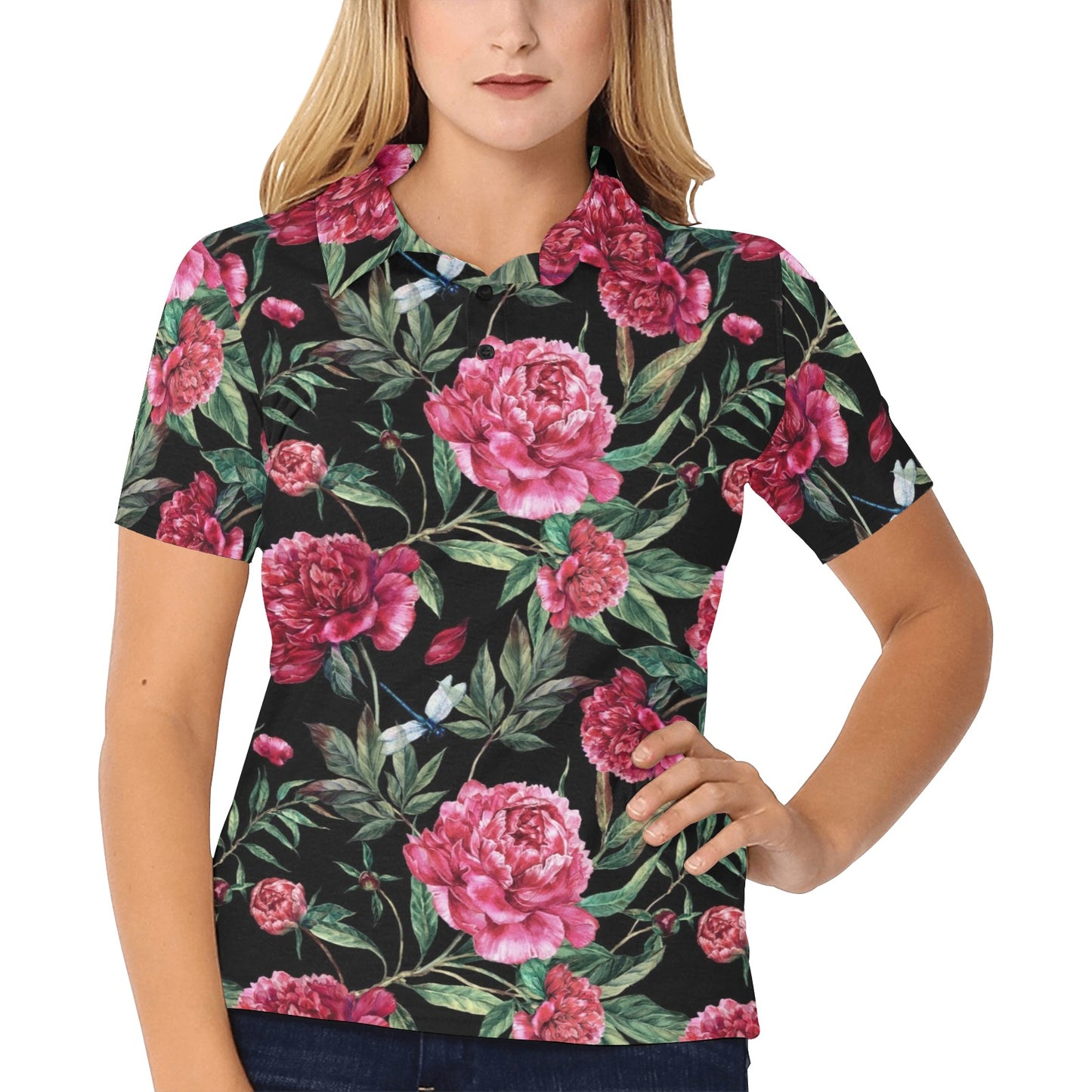 Peony Pattern Print Design PE04 Women's Polo Shirt