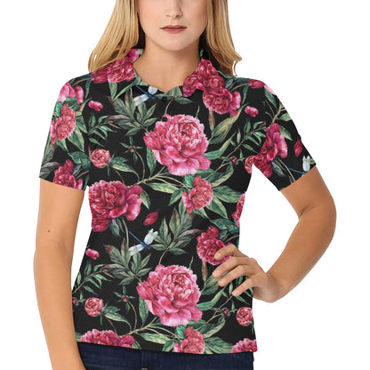 Peony Pattern Print Design PE04 Women's Polo Shirt