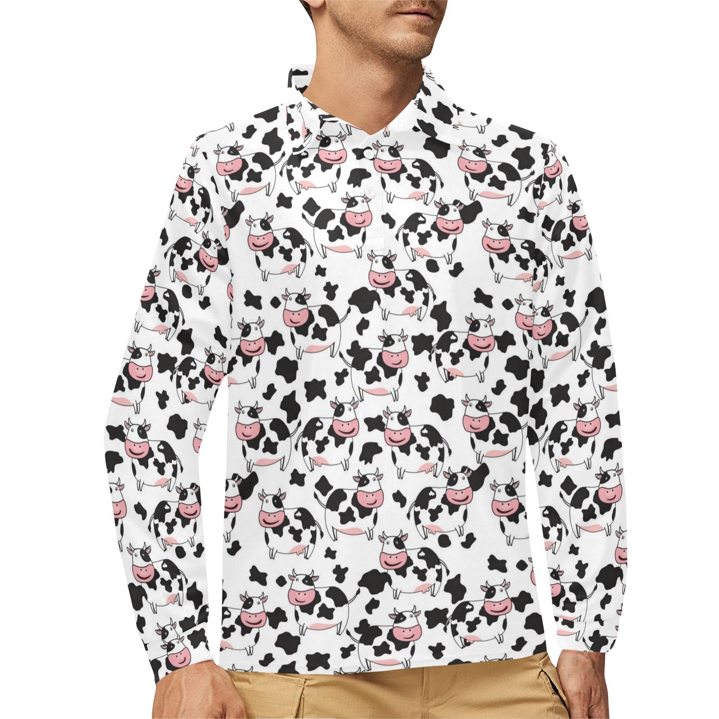 Cow Pattern Print Design 02 Long Sleeve Polo Shirt For Men's