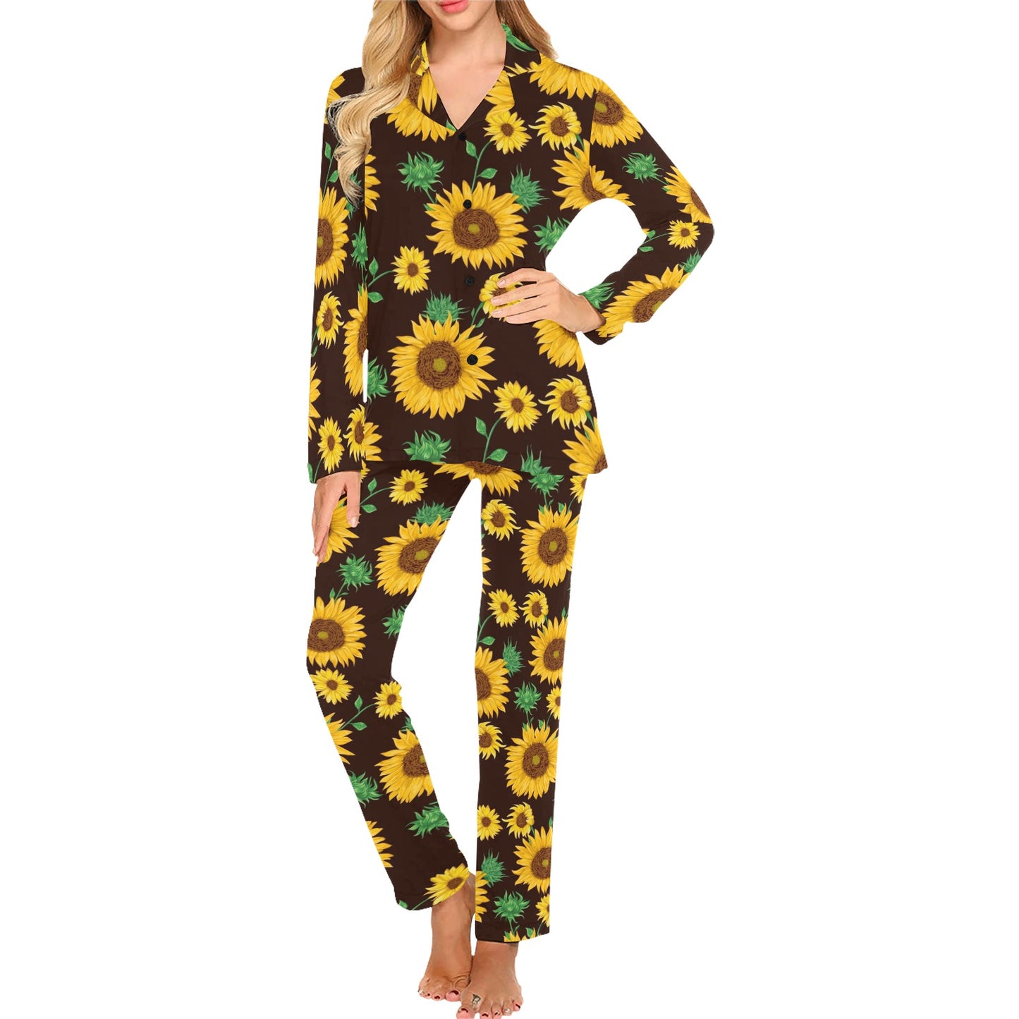 Sunflower Pattern Print Design SF01 Women's Long Pajama Set