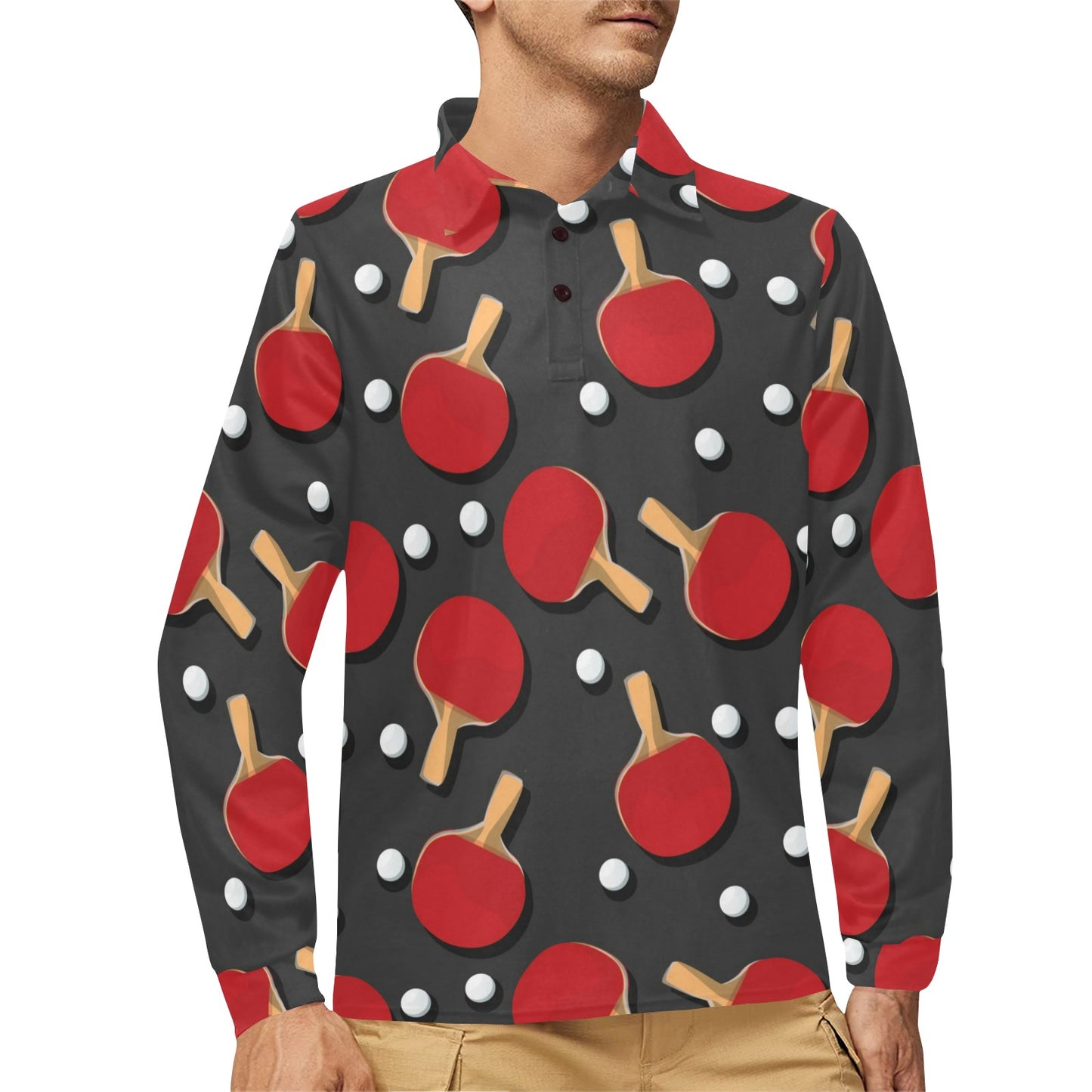 Ping Pong Pattern Print Design A05 Long Sleeve Polo Shirt For Men's