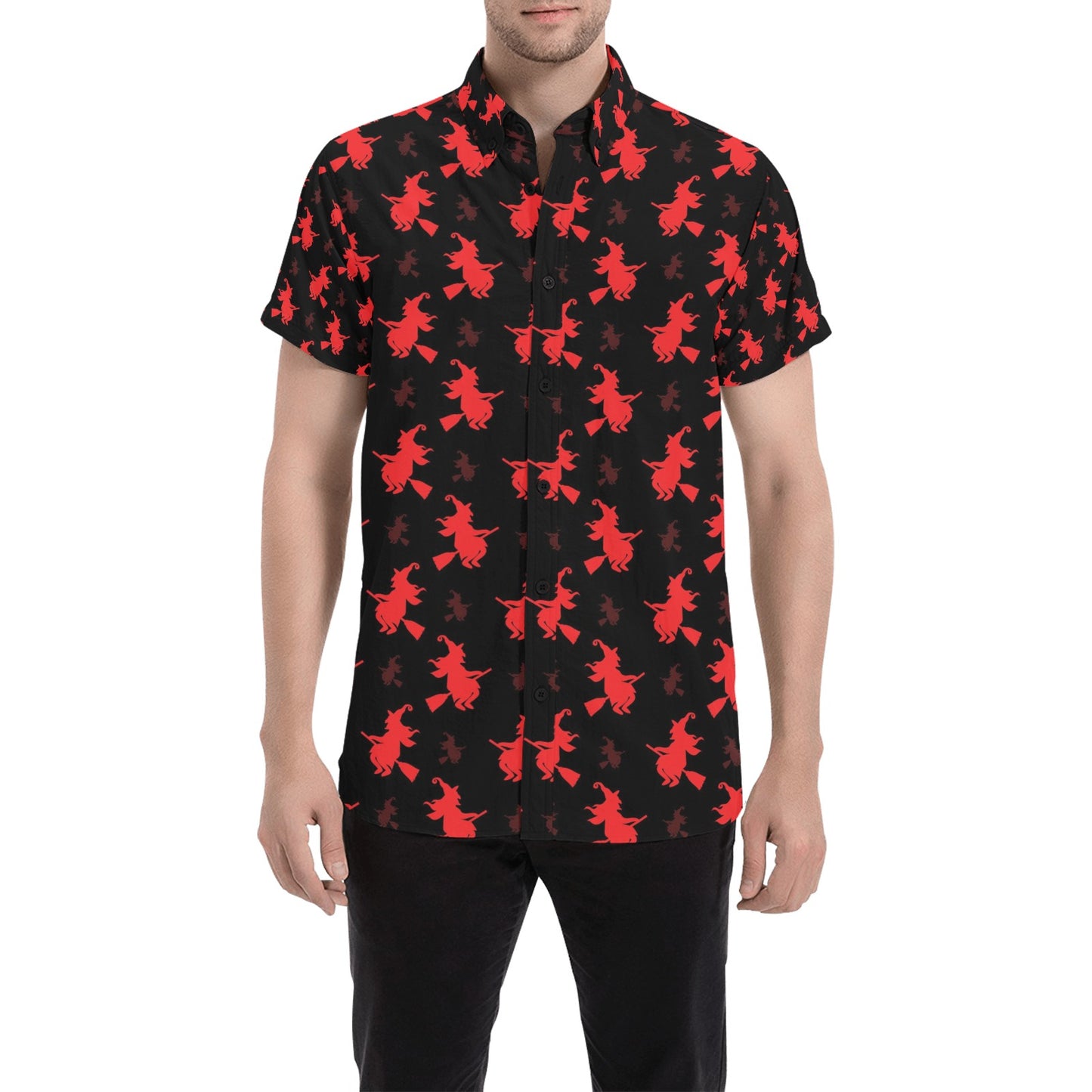 Witch Print Design LKS308 Men Short Sleeve Button Up Shirt