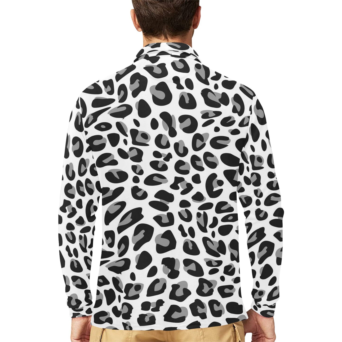 Snow Leopard Skin Print Long Sleeve Polo Shirt For Men's