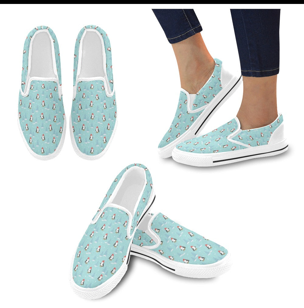 Ski Penguin Print Design LKS304 White Slip Ons Canvas Women's Shoes