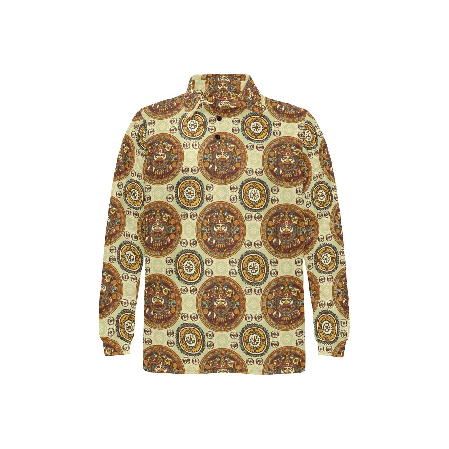 Calendar Aztec Themed Print Pattern Long Sleeve Polo Shirt For Men's