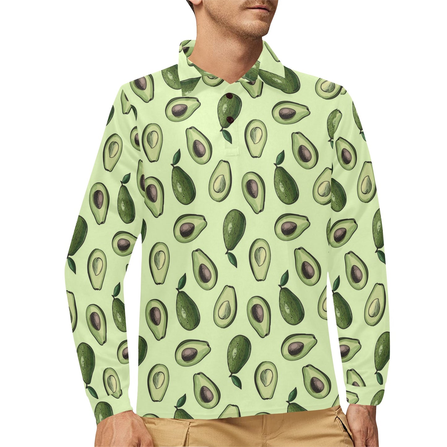 Avocado Pattern Print Design 02 Long Sleeve Polo Shirt For Men's