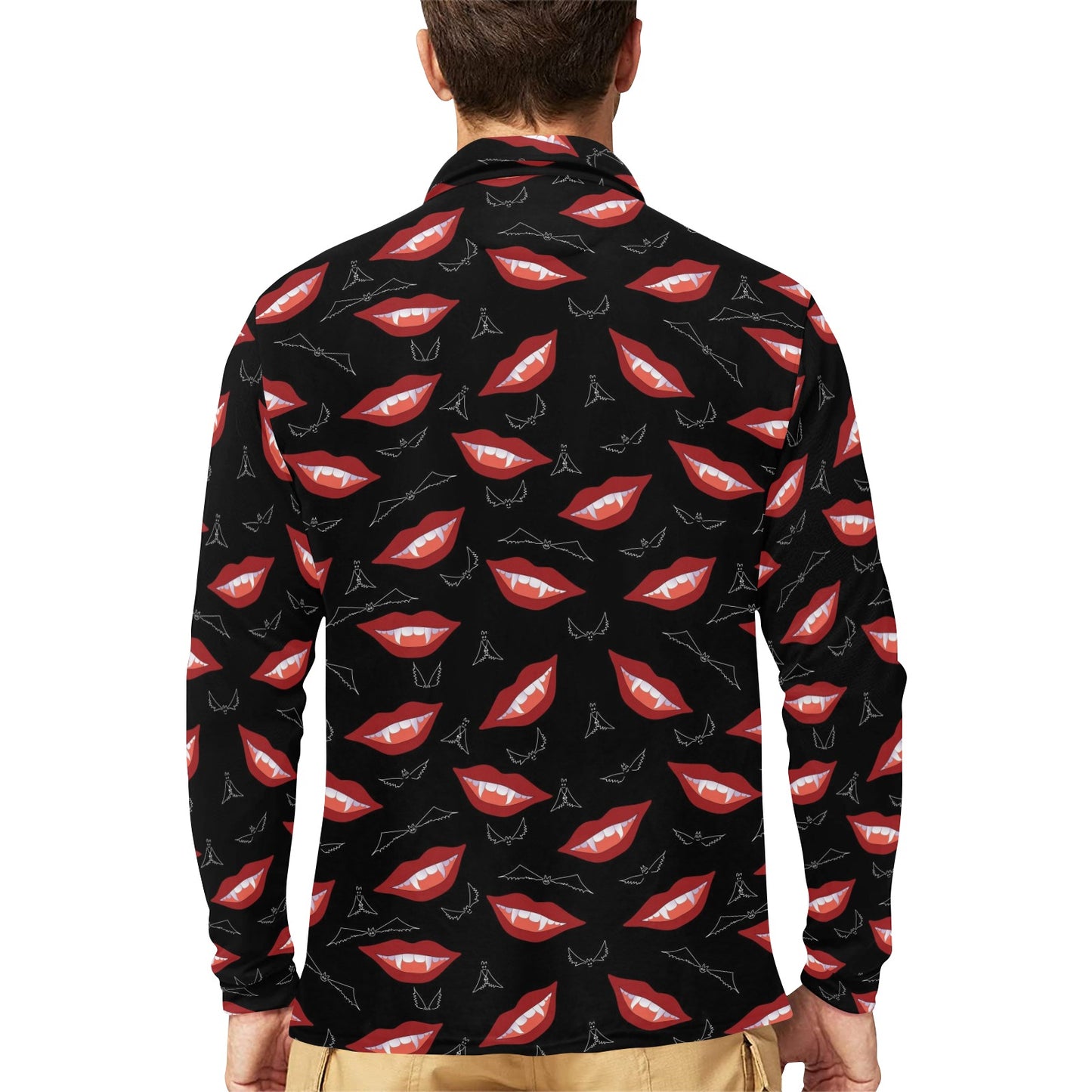 Vampire Lips Print Design LKS301 Long Sleeve Polo Shirt For Men's