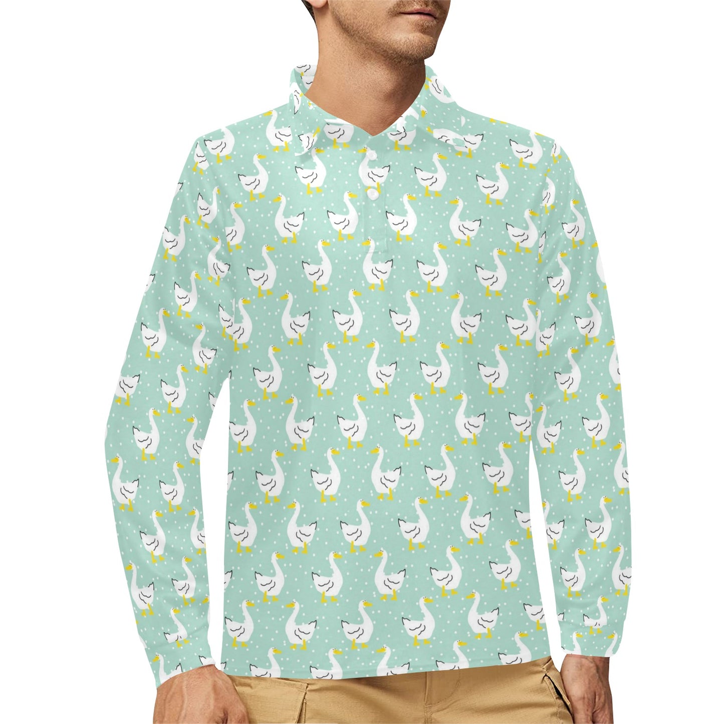 Goose Print Design LKS404 Long Sleeve Polo Shirt For Men's