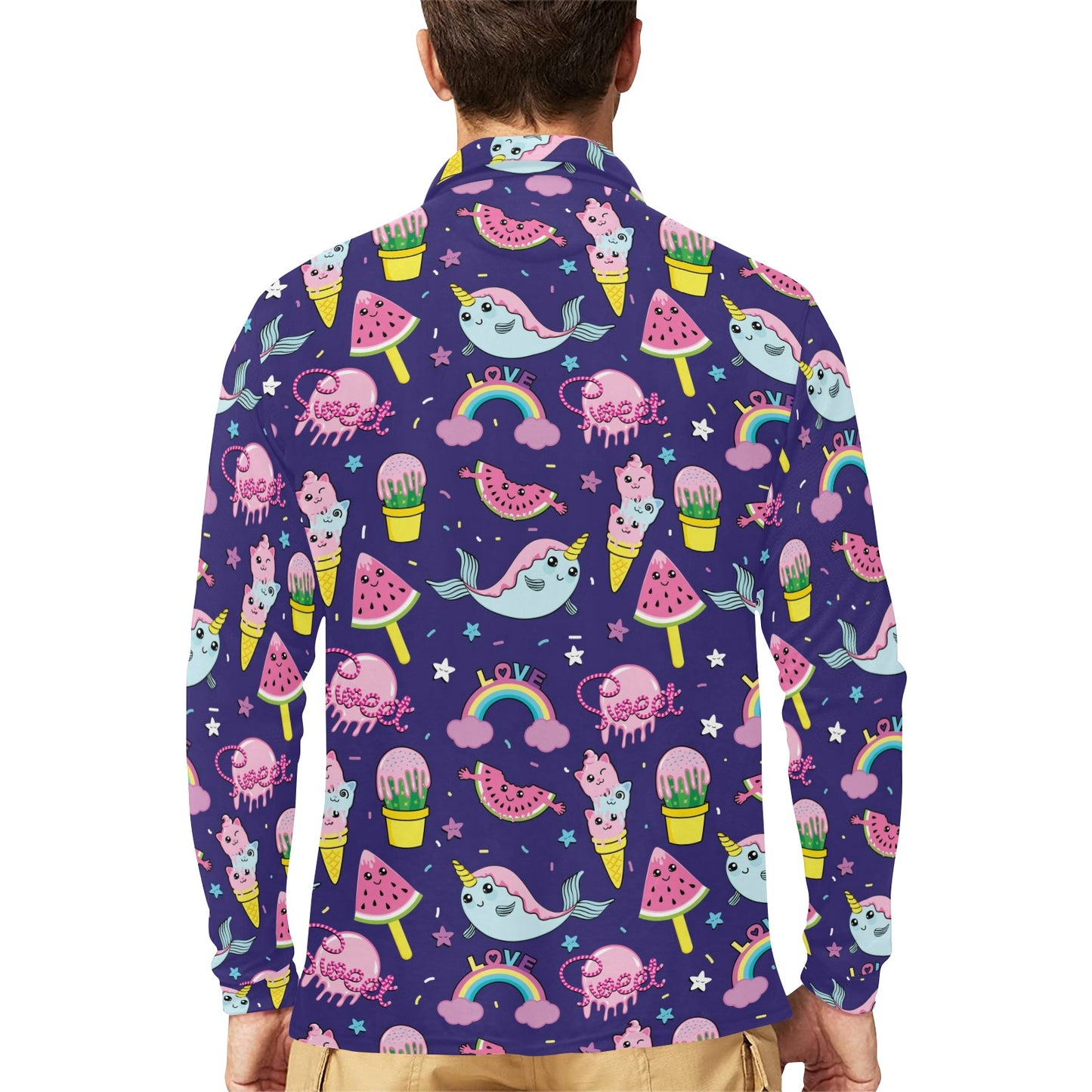 Narwhal Cute Pattern Print Design 02 Long Sleeve Polo Shirt For Men's