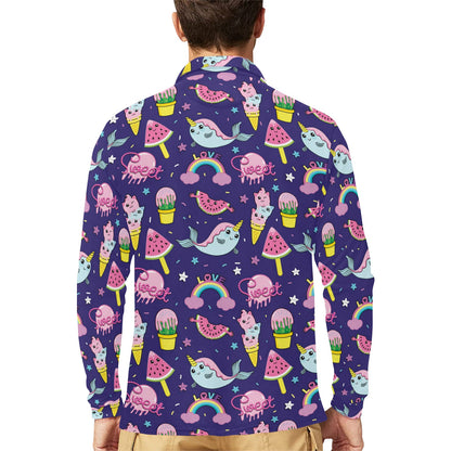 Narwhal Cute Pattern Print Design 02 Long Sleeve Polo Shirt For Men's