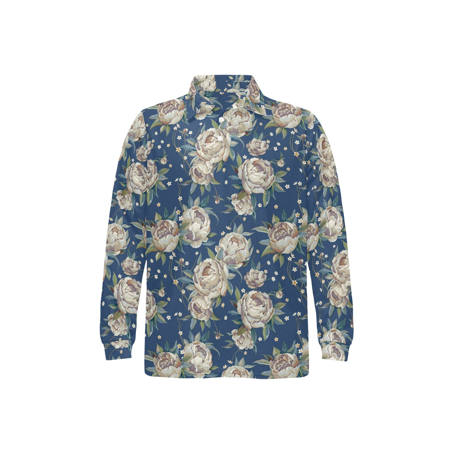 Peony Pattern Print Design A03 Long Sleeve Polo Shirt For Men's