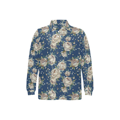 Peony Pattern Print Design A03 Long Sleeve Polo Shirt For Men's