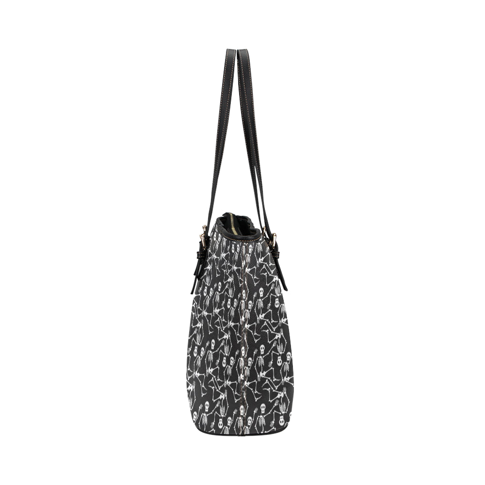 Skeleton Themed Print Leather Tote Bag