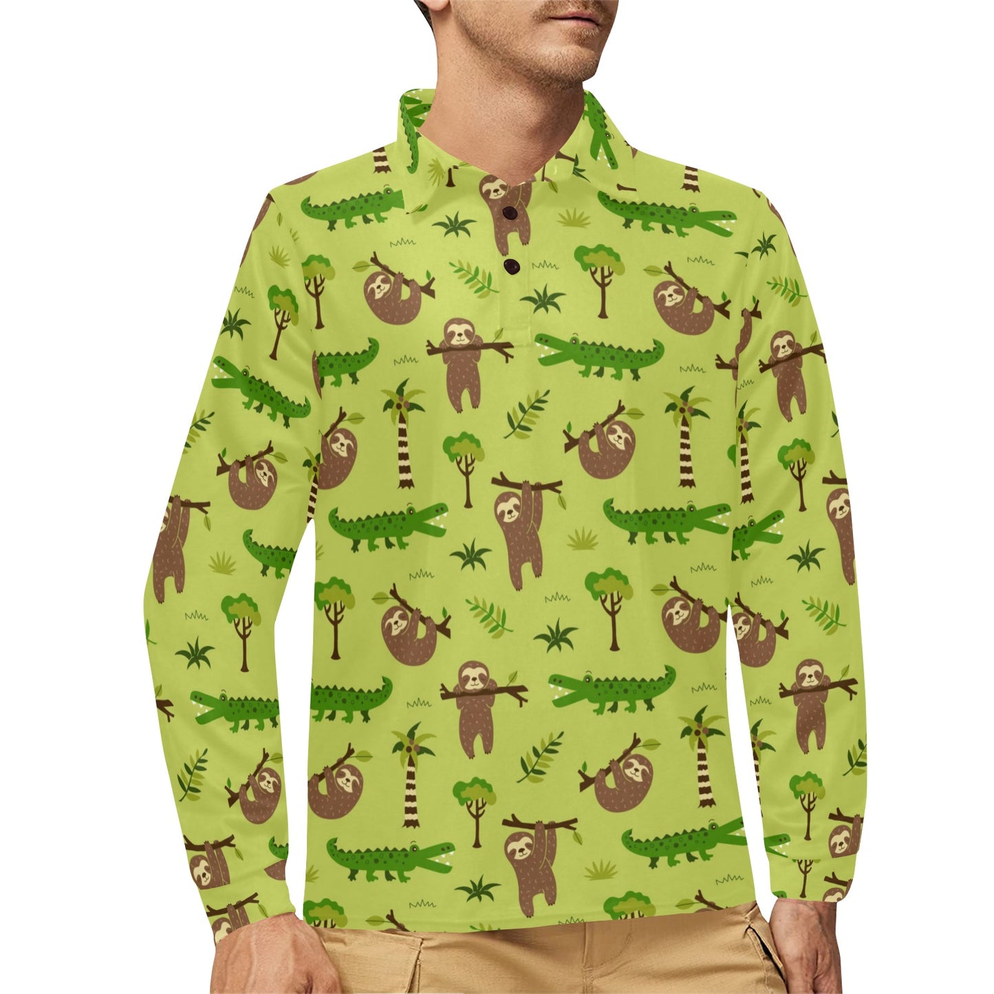 Alligator Pattern Print Design 04 Long Sleeve Polo Shirt For Men's