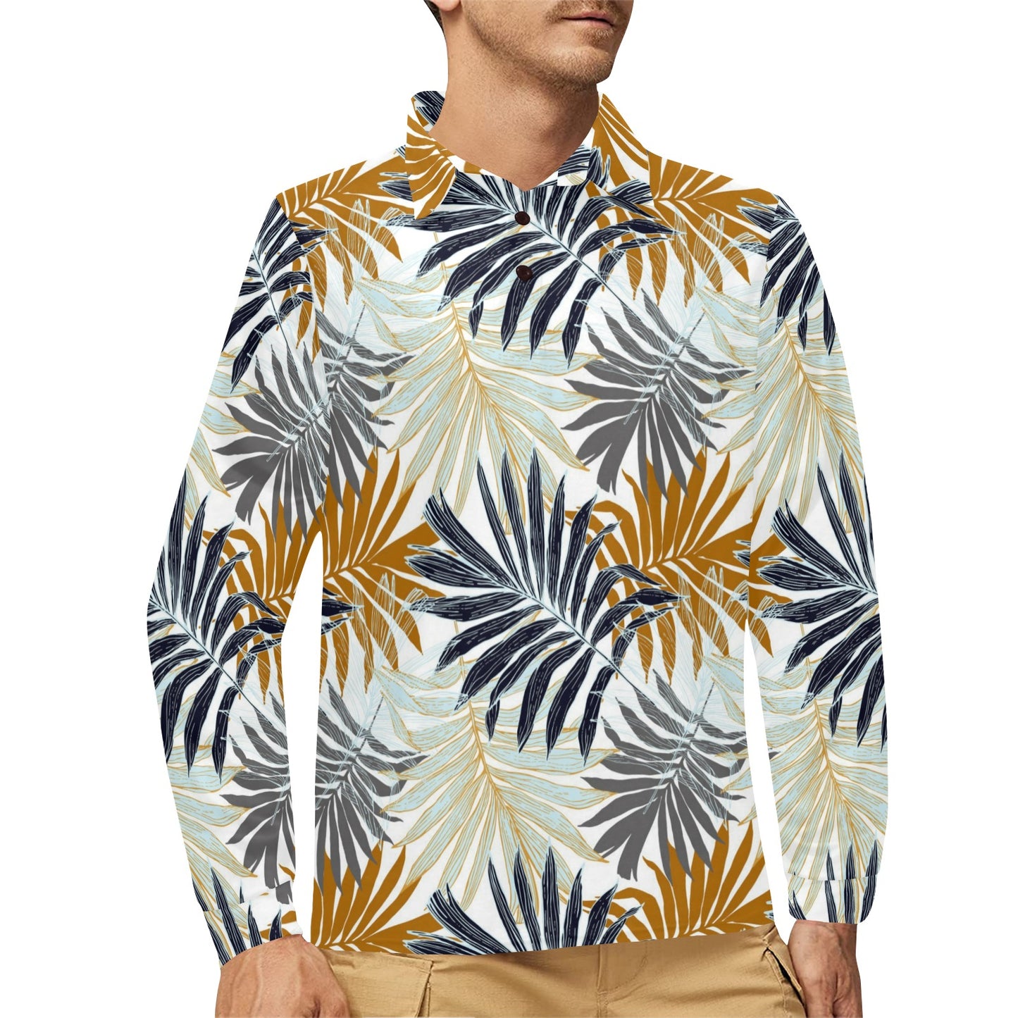 Colorful Tropical Palm Leaves Long Sleeve Polo Shirt For Men's