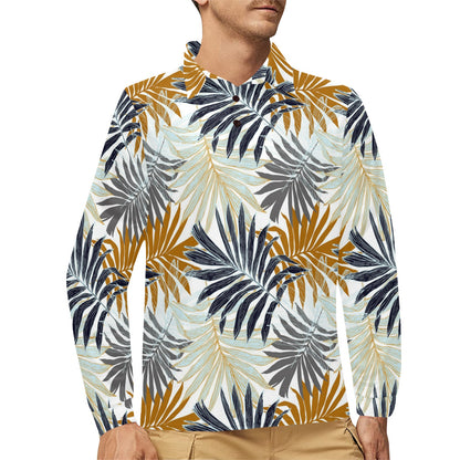 Colorful Tropical Palm Leaves Long Sleeve Polo Shirt For Men's