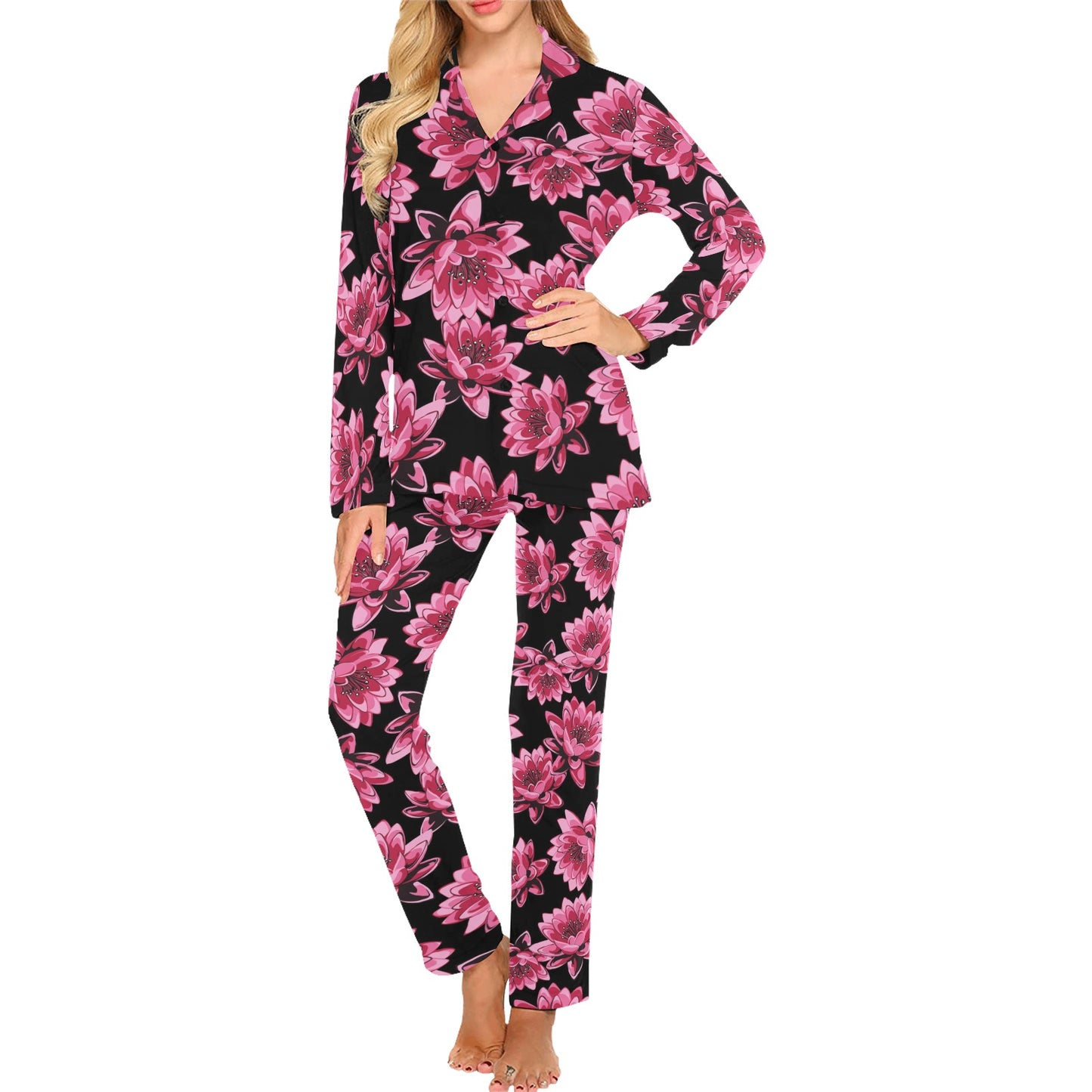 Lotus Pattern Print Design 03 Women's Long Pajama Set