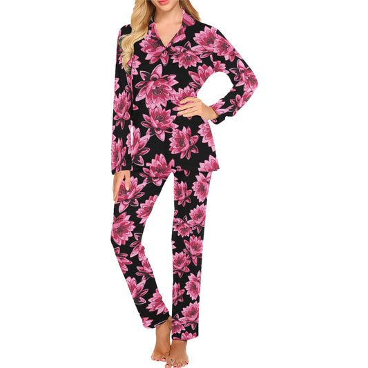 Lotus Pattern Print Design 03 Women's Long Pajama Set