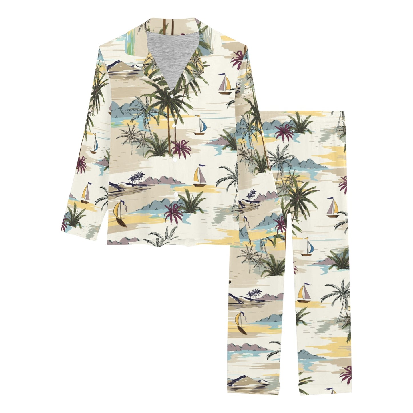 Palm Tree Beach Print Women's Long Pajama Set