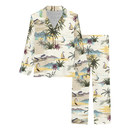 Palm Tree Beach Print Women's Long Pajama Set