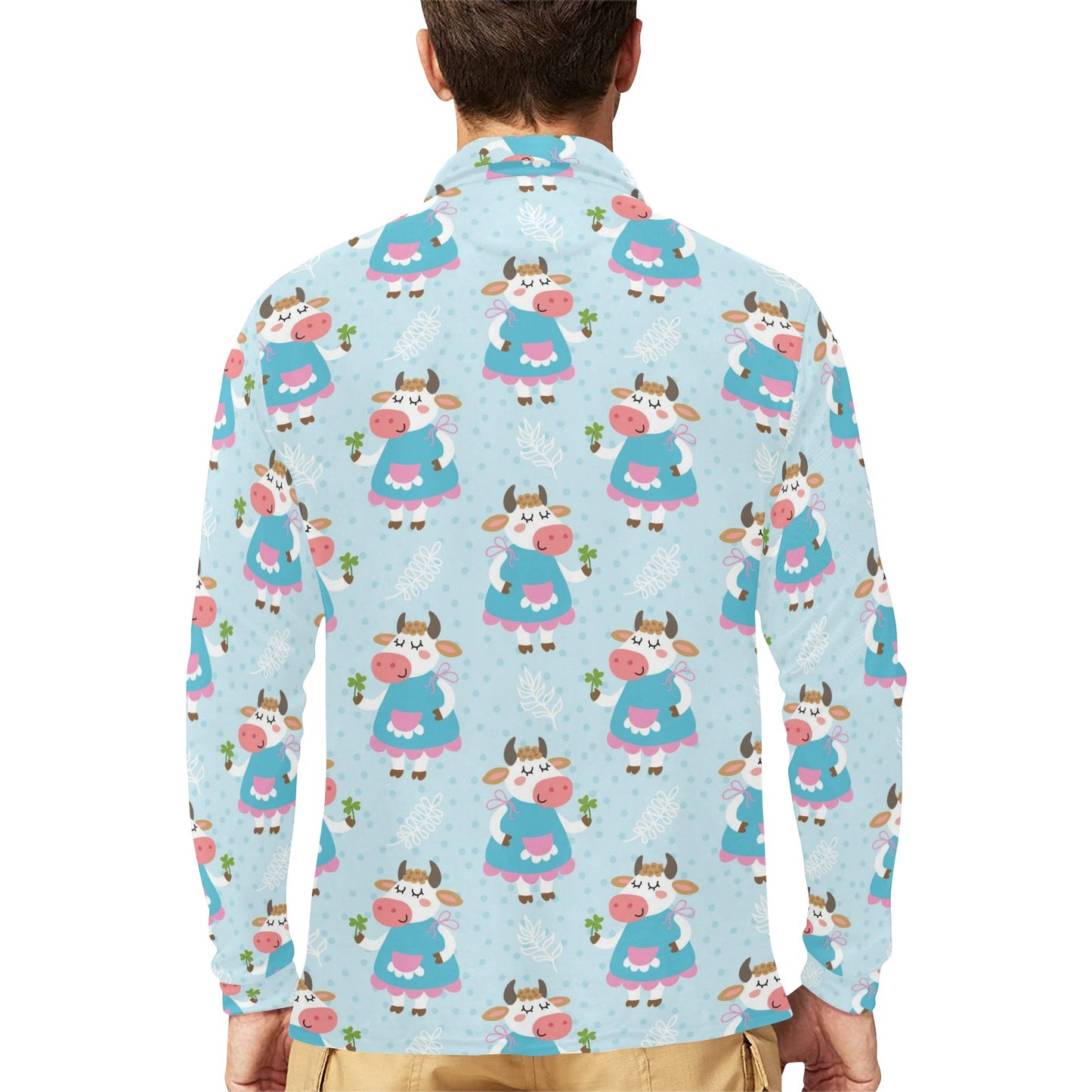 Cattle Happy Pattern Print Design 03 Long Sleeve Polo Shirt For Men's