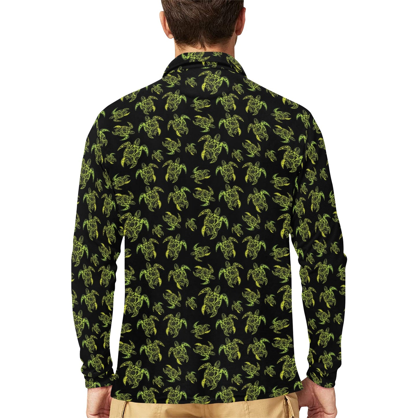 Green Tribal Turtle Polynesian Themed Long Sleeve Polo Shirt For Men's