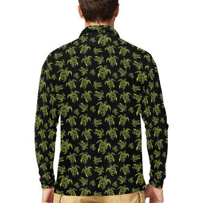 Green Tribal Turtle Polynesian Themed Long Sleeve Polo Shirt For Men's
