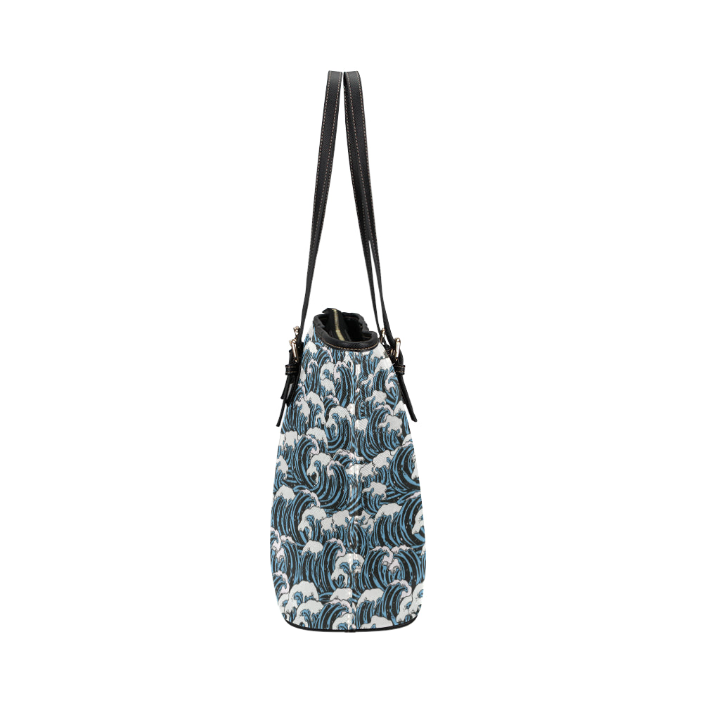 Surf Wave Pattern Print Leather Tote Bag