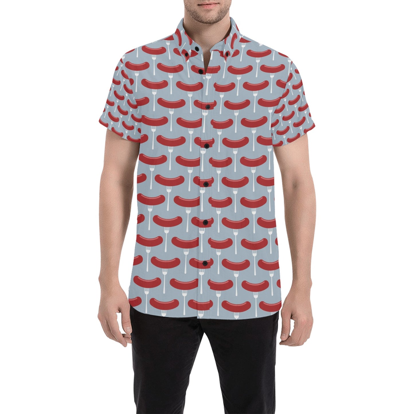 Sausage Print Design LKS301 Men Short Sleeve Button Up Shirt