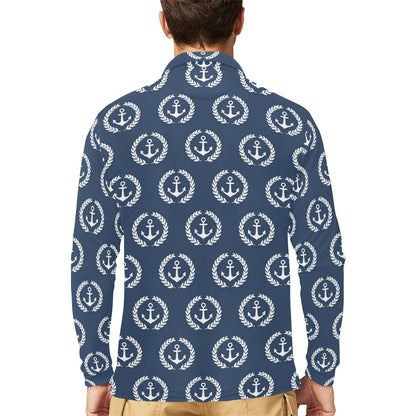 Anchor Pattern Print Design 04 Long Sleeve Polo Shirt For Men's