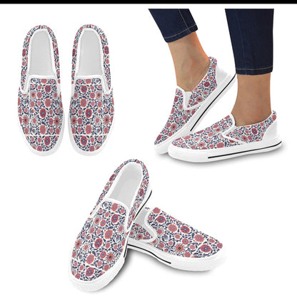 Suzani Print Design LKS304 White Slip Ons Canvas Women's Shoes